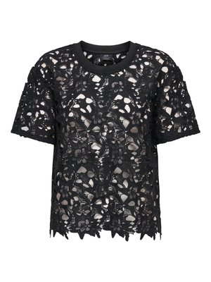 Haut noir en dentelle à manches courtes avec motif floral, encolure ronde et ourlet festonné, design semi-transparent.