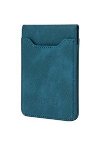 Portacarte in pelle turchese con una fessura superiore e logo impresso, con una texture liscia e un motivo a grana sottile. Design compatto e sottile.