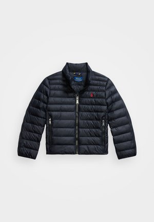 Puffer jacket in dark navy blue, quilted design, featuring a stand-up collar and two zippered pockets with silver hardware.