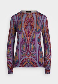 Hosszú ujjú ing színes paisley mintával, lila, arany és tengerészkék kiegészítőkkel. Puha anyagból készült, kerek nyakkivágással.