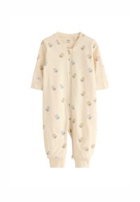 Lys beige babysak med korte ærmer, lynlås foran og spredte blomstermønstre i pastelfarver, lavet af blød bomuldsstof.