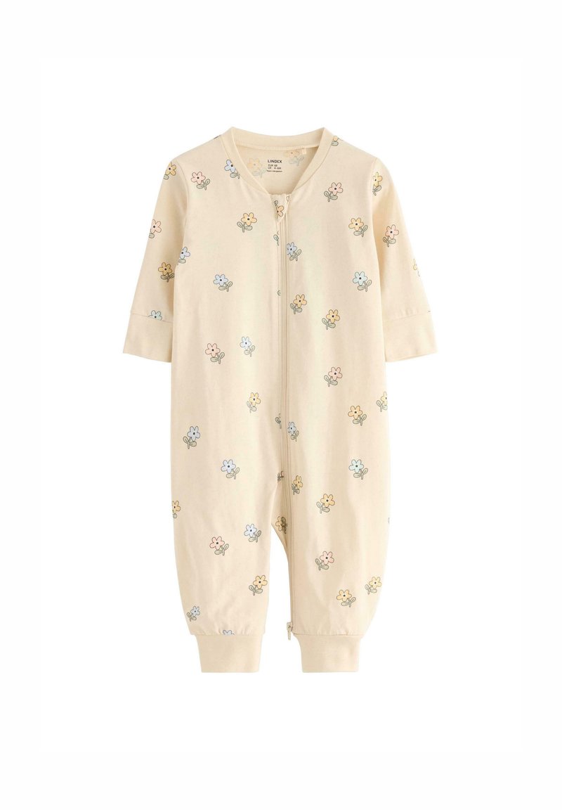Lys beige babysak med korte ærmer, lynlås foran og spredte blomstermønstre i pastelfarver, lavet af blød bomuldsstof.