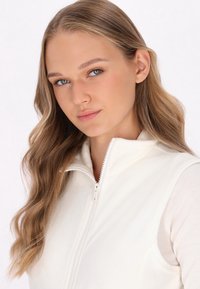 Fleece-Weste mit Reißverschluss in Off-White. Verfügt über einen hohen Kragen, eine glatte Textur und subtile Nähte entlang des Reißverschlusses.