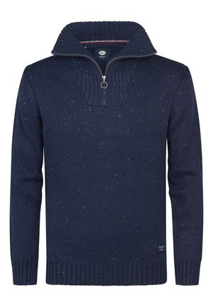 Marineblauer Strickpullover mit hohem Kragen, halber Reißverschluss vorne und gesprenkelter Textur. Gerippte Bündchen und Saum, mit gesticktem Markenlogo.