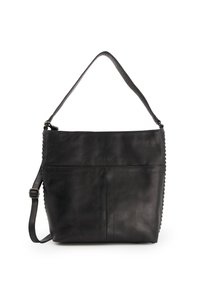 Black leather handbag with a textured finish, adjustable shoulder strap, and front pocket featuring a stitched detail along the edge.