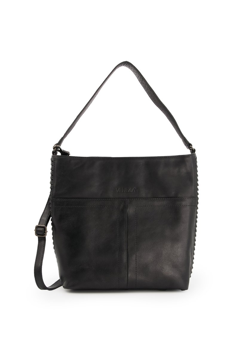 Black leather handbag with a textured finish, adjustable shoulder strap, and front pocket featuring a stitched detail along the edge.