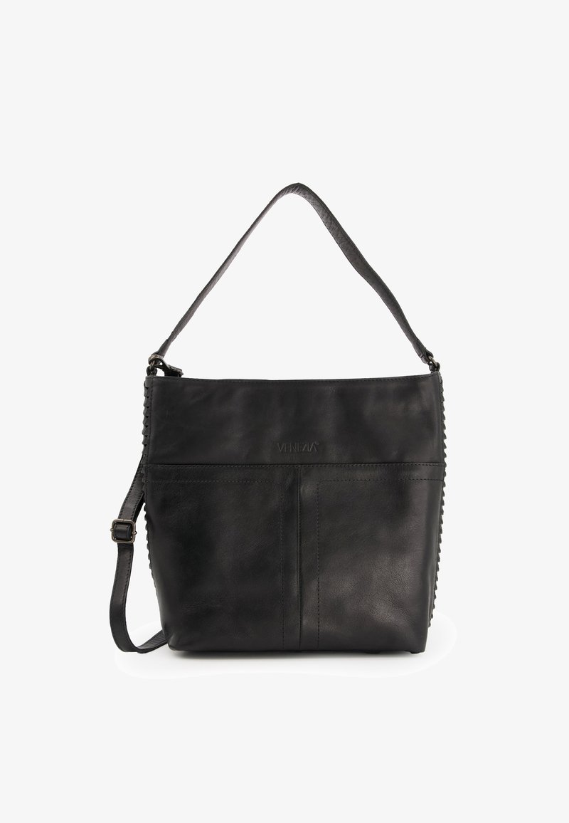 Black leather handbag with a textured finish, adjustable shoulder strap, and front pocket featuring a stitched detail along the edge.