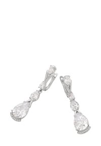 Orecchini a goccia in argento con tre gemme trasparenti a forma di pera collegate e piccole pietre rotonde alla base, dotati di chiusura a scatto.