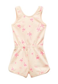 Romper corto de color melocotón claro, hecho de algodón, con patrones de flamenco rosa, palmera y sol. Presenta un cuello redondo y cintura elástica.
