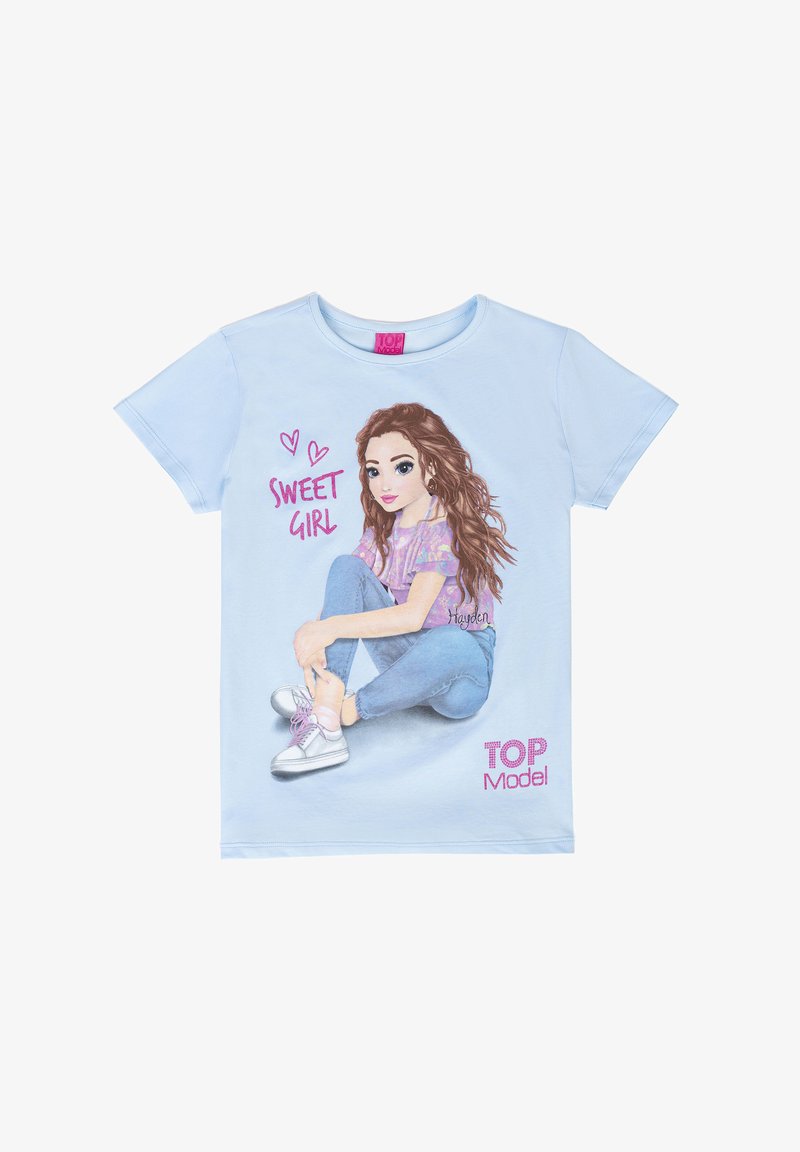 Light blue cotton T-shirt featuring a graphic of a girl sitting in casual attire. The print includes the text “Sweet Girl” and “TOP Model.”