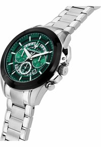 Edelstahl-Uhr mit schwarzem Ziffernblatt und grünem Ziffernblatt. Verfügt über drei Teilzifferblätter, weiße Zeiger und ein verlinktes Metallarmband.
