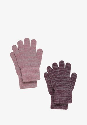 Set de două perechi de mănuși: una roz deschis cu dungi gri, cealaltă vișinie închisă cu dungi mai deschise. Textură tricotată, manșete extinse.