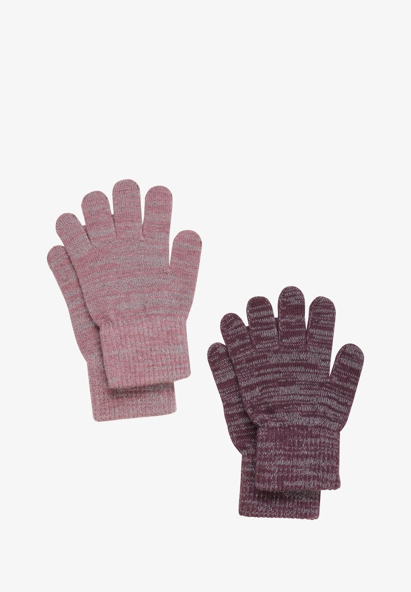 Két pár kesztyűből álló szett: az egyik világos rózsaszín szürke csíkokkal, a másik sötét bordó világos csíkokkal. Kötött textúrájú, hosszabb mandzsettával.