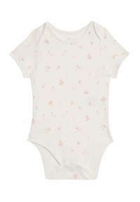 Kurzärmliger Body aus weichem cremefarbigen Baumwollstoff mit verstreutem rosa Blumenmuster, ausgestattet mit Druckknöpfen im Schritt für ein einfaches Anziehen.
