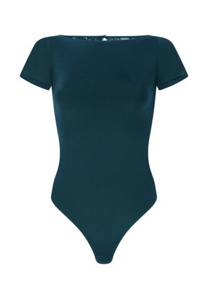 Turkooise body met korte mouwen en een ronde halslijn. Gemaakt van glad, rekbaar materiaal, met een thong-cut aan de onderkant en een knoopsluiting.