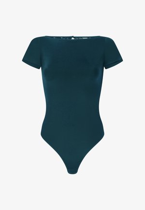 Turkooise body met korte mouwen en een ronde halslijn. Gemaakt van glad, rekbaar materiaal, met een thong-cut aan de onderkant en een knoopsluiting.