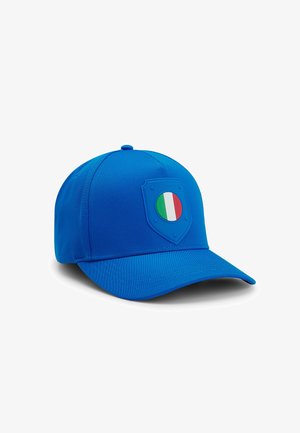 Blue baseball cap with a shield emblem featuring the Italian flag's green, white, and red vertical stripes on the front panel.