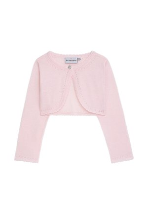 Helles rosa, gestricktes, cropped Cardigan mit langen Ärmeln, einem runden Halsausschnitt und einem dekorativen Knopfverschluss. Mit Wellenkante verziert.