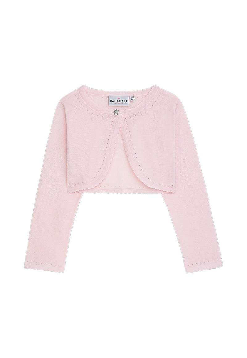 Helles rosa, gestricktes, cropped Cardigan mit langen Ärmeln, einem runden Halsausschnitt und einem dekorativen Knopfverschluss. Mit Wellenkante verziert.