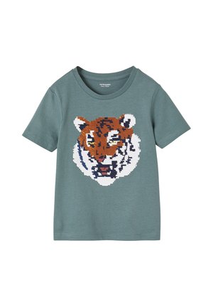 Child’s green short-sleeve t-shirt with a large pixelated tiger face graphic in orange, white, and black on the front.