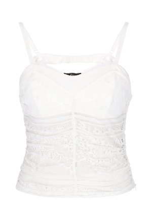 Witte kanten mouwloze cropped top met verstelbare dunne bandjes en bloemmotieven, voorzien van een sweetheart-halslijn en geplooide details.