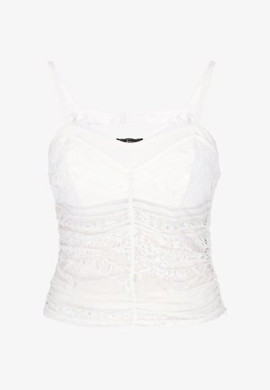 Witte kanten mouwloze cropped top met verstelbare dunne bandjes en bloemmotieven, voorzien van een sweetheart-halslijn en geplooide details.