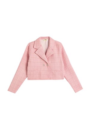 Veste en tweed rose coupée, avec de larges revers, deux boutons à l'avant, manches longues et deux poches frontales.
