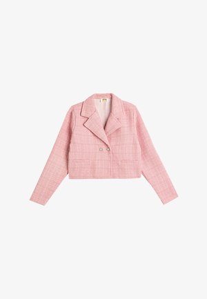 Veste en tweed rose coupée, avec de larges revers, deux boutons à l'avant, manches longues et deux poches frontales.