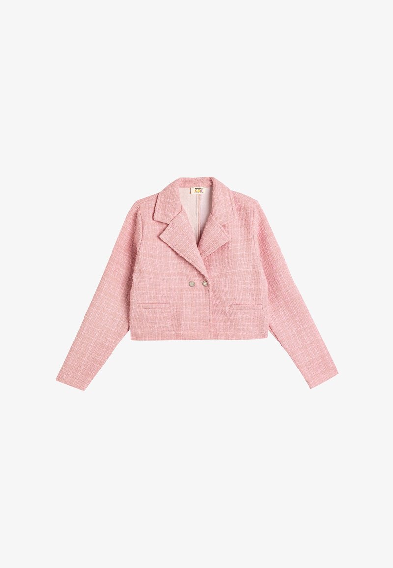 Veste en tweed rose coupée, avec de larges revers, deux boutons à l'avant, manches longues et deux poches frontales.