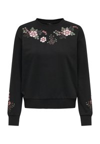 Sudadera negra hecha de una tela suave, con bordado floral en rosa y verde en el pecho y las mangas, y con puños y dobladillo acanalados.