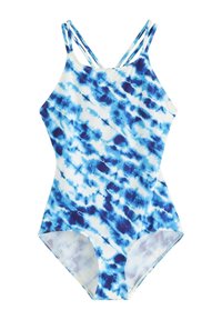 Maillot de bain une pièce tie-dye bleu et blanc avec des fines bretelles croisées, design ajusté et texture de tissu lisse.