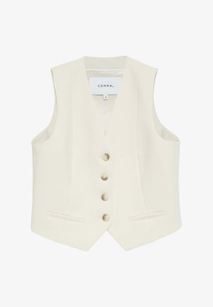 Gilet senza maniche color crema con quattro bottoni beige lungo il davanti e due tasche orizzontali a fessura.