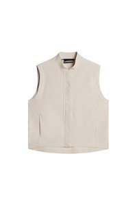 Beige mouwloos vest met een hoge hals, front rits en subtiele logodetails. Gemaakt van zachte, lichte stof en heeft een minimalistisch ontwerp.