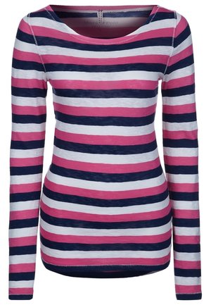 Gestreepte lange mouwen top in roze, wit en marineblauw. Heeft een ronde halslijn en is gemaakt van zachte katoen. Geaccentueerd door contrasterende horizontale strepen.