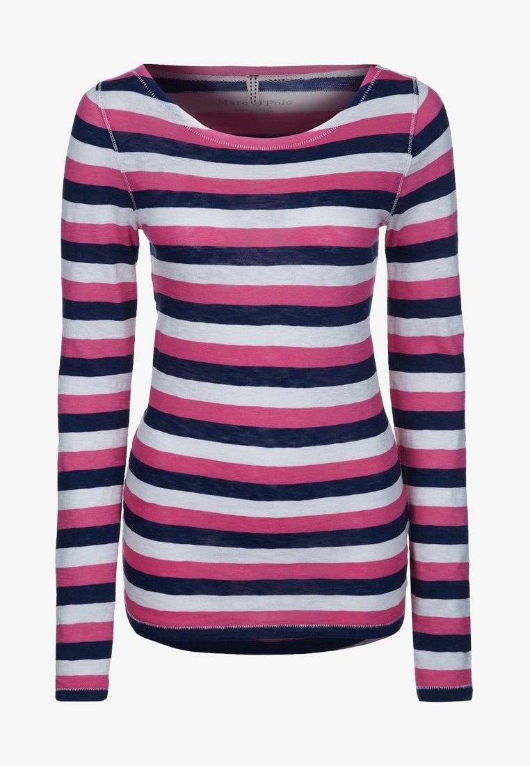 Vaaleanpunainen, valkoinen ja tummansininen raidallinen pitkähiha-aita. Ominaisuuksiin kuuluu pyöreä pääntie ja pehmeä puuvillakudos. Korostaa erottuvia vaakaraitoja.