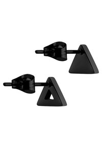 Boucles d'oreilles en forme de triangle noir avec une finition lisse et brillante, et une fermeture par épingle. Design géométrique simple avec une texture mate.
