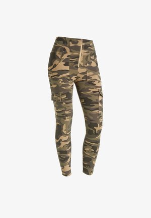 Pantaloni cargo a vita alta in tonalità di verde e marrone, con chiusura zip frontale e tasche laterali. Tessuto morbido e elasticizzato.