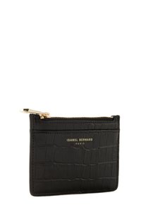 Portefeuille en cuir noir embossé crocodile avec fermeture éclair dorée et logo. Dispose de fentes pour cartes et d'une texture lisse. Forme rectangulaire compacte.