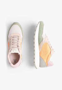 Multicolored sneakers with a mesh and suede mix, featuring pastel pink, orange, and green accents, and a textured rubber sole.