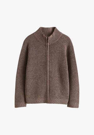 Pruun kootud kampsun kõrge krae ja täieliku lukuga ees. Omab tekstuurset kangast ja raglaanlõikega varrukaid. Puuduvad mustrid või täiendavad aksendid.