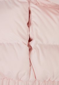 Ljusrosa puffjacka med en slät, matt yta. Har sydda paneler och en elastisk nederkant för en tight passform. Mjuk textur.