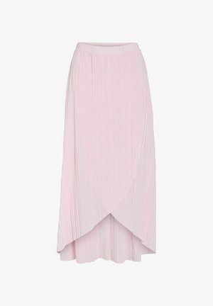 Svetlo roza nabrana krila z asimetričnim robom in elastičnim pasom. Mehka tekstura z navpičnimi črtami za tekoč videz.