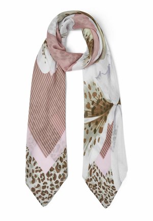 Sciarpa con grande stampa floreale bianca, strisce rosa e macchie marroni leopardate su uno sfondo chiaro, piegata a forma di anello sciolto.