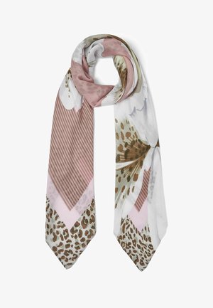 Écharpe avec grand imprimé floral blanc, rayures roses et taches de léopard marron sur un fond clair, pliée en boucle lâche.