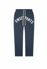 Pantalons de survêtement navy en tissu doux. Dotés d'une taille à cordon de serrage, de poignets côtelés et d'un texte blanc "SWEET PANTS" en arc sur le devant.