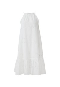 Weißes ärmelloses Kleid mit gerafftem Ausschnitt, schwingendem Rüschensaum und bestickten Blumen-Ausschnitten im gesamten Stoff.