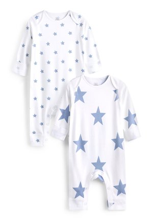 Två långärmade babybodys i vitt bomull, med blå stjärnmönster i olika arrangemang. Tryckknappar i botten för enkel blöjbyte.