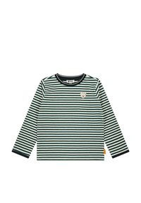 Long-sleeve shirt in green and cream stripes. Features a rounded neckline and a small bear-shaped patch on the chest. Cotton material.