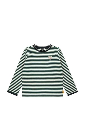 Long-sleeve shirt in green and cream stripes. Features a rounded neckline and a small bear-shaped patch on the chest. Cotton material.