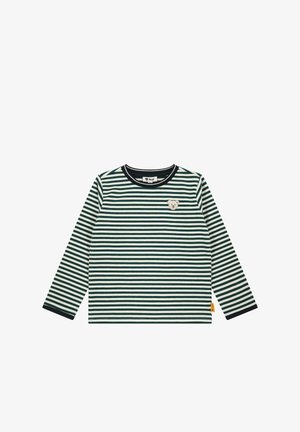 Long-sleeve shirt in green and cream stripes. Features a rounded neckline and a small bear-shaped patch on the chest. Cotton material.